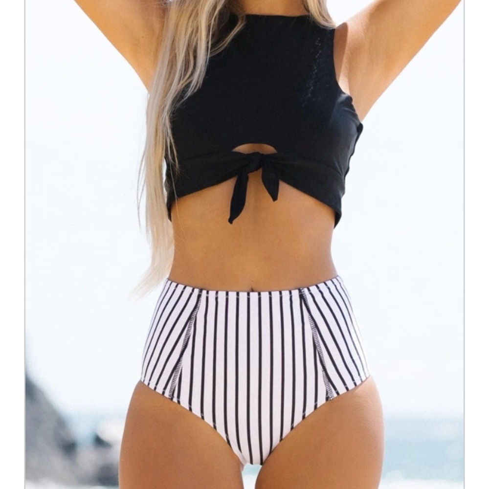 Tie Front, Striped High-Waisted Bikini set